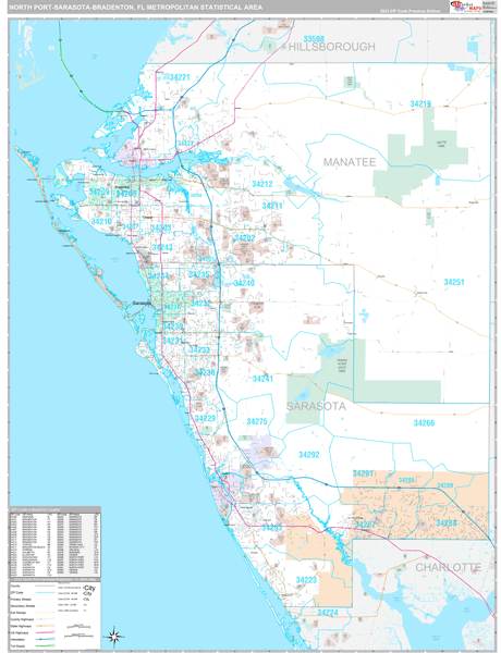 North Port-Sarasota-Bradenton, FL Metro Area Wall Map